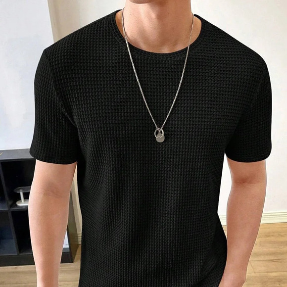 Black Preppy Mens Solid Waffle Knit Tee - Picture 5 of 5